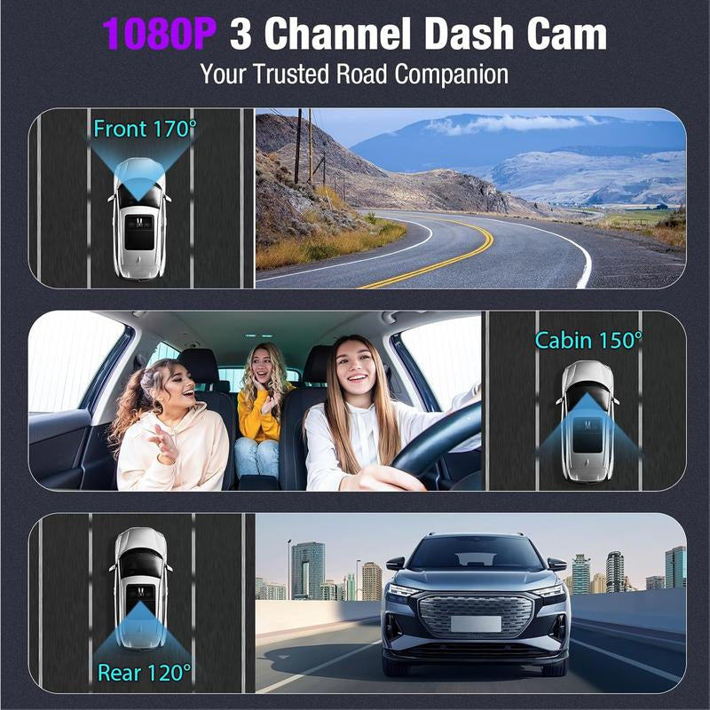 4K 3 Channel Wifi Dash Cam, 4K/2.5K+1080P+1080P Front inside and Rear, Triple Dash Camera with 64GB Card, APP Control, G-Sensor, Loop Recording, 24 Hours Parking Mode,Night Vision