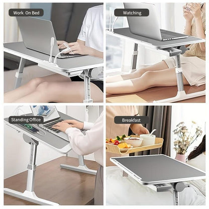 Laptop Bed Table - Adjustable Height, Foldable with USB Charging Port, Handle, Card Slot & Drawer - for Students & Remote Workers - Perfect for Dormitory, Bedside & Home Office