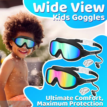 [Outdoorfun]Vvinca Pool Accessories-Swim Goggles, Kids Goggles with Earplugs& Nose Clip Wide View Anti-Fog/Uv Swimming Goggles for Age 3-14 Boys Girls