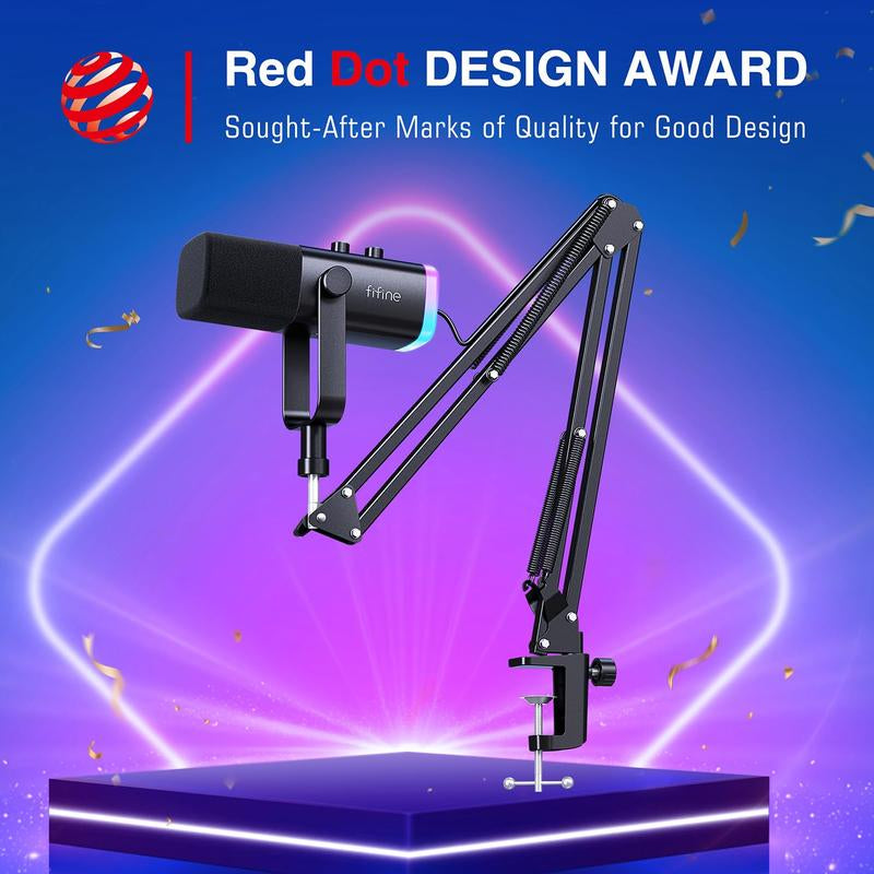 FIFINE AM8T XLR USB Gaming Microphone Set, Dynamic PC Mic for Streaming Podcasting, Computer RGB Mic Kit with Boom Arm Stand, Mute Button, Headphones Jack, for Recording Vocal Voice-Over