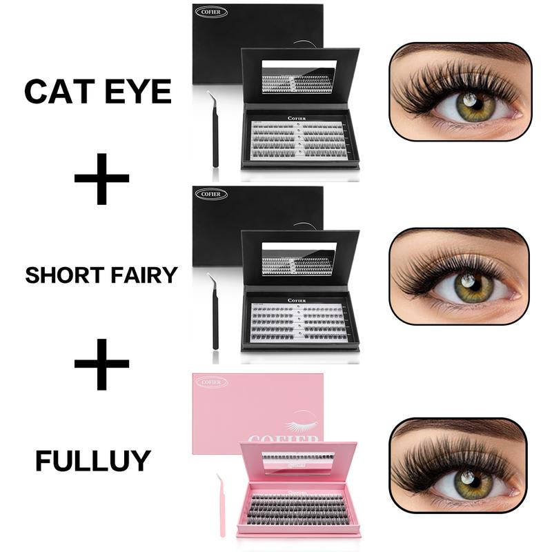 【Hot Style】Cofier No Glue Lash Kit Medical Jelly Adhesive Self Adhesive Individual Eyelashes, Easy Makeup Application with Tweezers (80/100/160 Pcs)