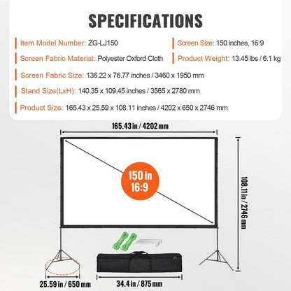 VEVOR Projector Screen with Stand, 120 Inch 16:9 4K 1080 HD Outdoor Movie Screen with Stand, Wrinkle-Free Projection Screen with Bar Feet and Carry Bag, for Home Theater Cinema Backyard Movie Night
