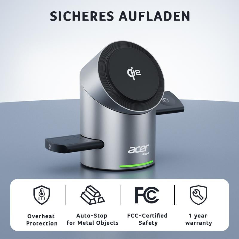 Acer 3 in 1 Charging Station for Apple, Qi2 15W Iphone Wireless Charging Station, Magsafe Charger Stand Iphone 16/15/14/13/12, Iwatch, Airpods ,Wireless Charger 33W Adapter, FCC Certified Futuristic Adjustable Electronic Magnetic Phone Charger from Future