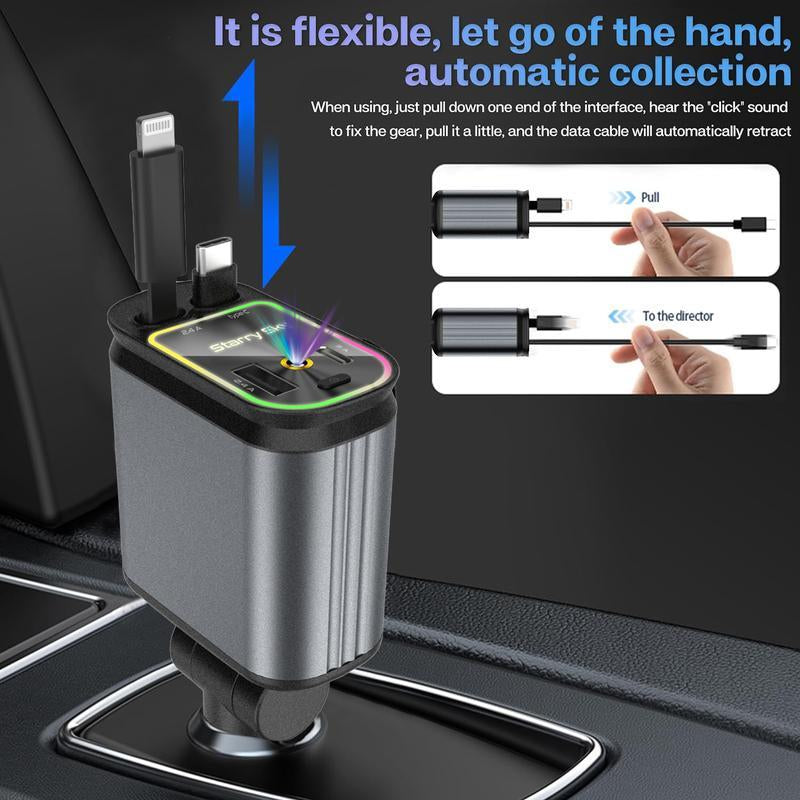 Aromatic Starlight in Roof Retractable Charger with Lightning Cable, Dual Charge Port , Fast Charging Adapter -Automotive 4-In-1 Car Charger Red Light