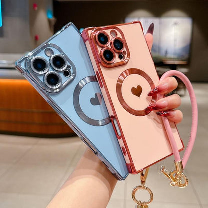 Right Angle Anti-Drop Magnetic Suction Solid Color Electroplated Side Heart + Hand Strap Compatible with Ip16 Pro Max 15 14 13 12 Phones Cases Protector Cover Protective