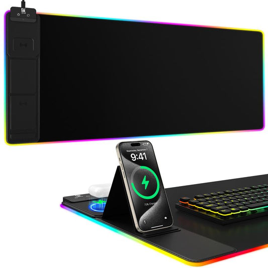 XXL Mouse Pad with Phone Holder Black, RGB Desk Mat with 15W Fast Charging, LED Large Gaming Mousepad with 11 Lights Colors, Long Mouse Pads for Desk, Waterproof Non-Slip Desk Pad for Office & Home Macbook Accessories Outdoorfun