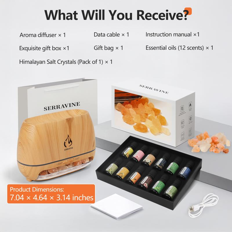 Ultrasonic Essential Oil Diffuser Set with 12 Best Aromatherapy Oils, Gift Box & Bag, Himalayan Salt Lamp Diffuser，Cool Mist Humidifier for Bedroom