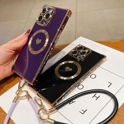 Right Angle Anti-Drop Magnetic Suction Solid Color Electroplated Side Heart + Hand Strap Compatible with Ip16 Pro Max 15 14 13 12 Phones Cases Protector Cover Protective