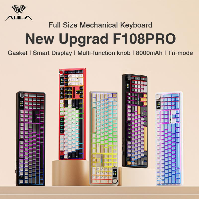 [New]Aula F108 Pro & F108 Full Size Wireless Mechanical Gaming Keyboard with Knob Smart Screen Num Pad Tri-Mode RGB Backlit Hot Swappable Customize Keyboard E-Sports Office Computer PC Accessories(F108Pro Red) Outdoorfun