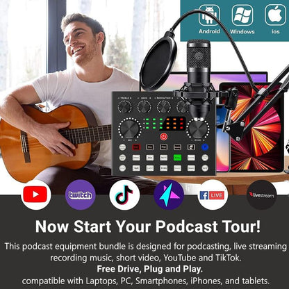 Haomuren Podcast Equipment Bundle, BM800 Podcast Microphone Bundle with V8S Voice Changer, Condenser Microphone Recording Studio Package for Podcasting Live Streaming Singing PC Mobile Tiktok Youtube Audio Adjustable