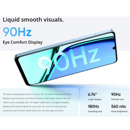 6GB+128GB Smartphone Realme Note 60, Brand New and Original Smartphone, T612, 8-Core CPU, 1.8Ghz Clock Speed, 4G Network, 6.745-Inch Punch-Hole Display, 1600×720 Resolution, 32MP + 5MP AI Camera, 5000Mah Battery, 10W Fast Charging.