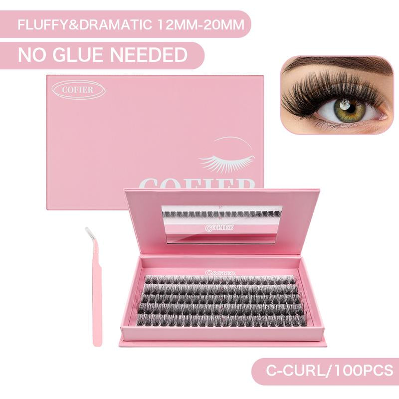 【Hot Style】Cofier No Glue Lash Kit Medical Jelly Adhesive Self Adhesive Individual Eyelashes, Easy Makeup Application with Tweezers (80/100/160 Pcs)