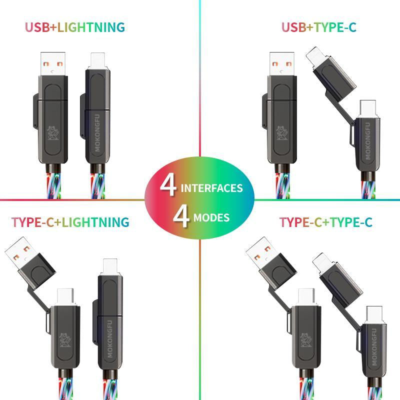 【Father'S Day Gift】240W 4-In-1 Lightning Charging Cable, Multi Charging Cable for Iphone, Ipad, Samsung, Laptops & Universal Cellphones with USB A, Type C & Lightning Charger, Four in One Charging, Smartphone Cellphone Charger, Glow Cable