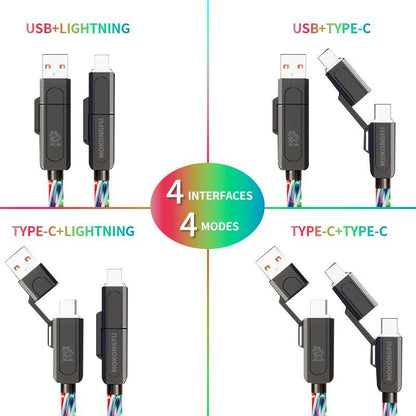 【Father'S Day Gift】240W 4-In-1 Lightning Charging Cable, Multi Charging Cable for Iphone, Ipad, Samsung, Laptops & Universal Cellphones with USB A, Type C & Lightning Charger, Four in One Charging, Smartphone Cellphone Charger, Glow Cable
