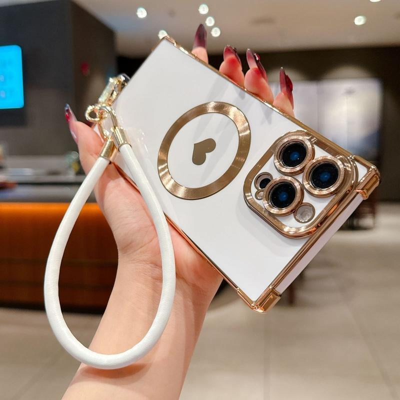 Right Angle Anti-Drop Magnetic Suction Solid Color Electroplated Side Heart + Hand Strap Compatible with Ip16 Pro Max 15 14 13 12 Phones Cases Protector Cover Protective