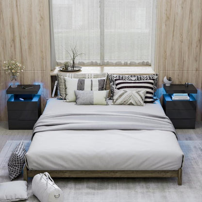 Black LED Nightstand with Charging Station 2 Outlets USB Port Type C, Bed Side Table with 2 Drawers & Wireless Charging Station, Smart LED Nightstand Modern High Gloss Night Table with Light