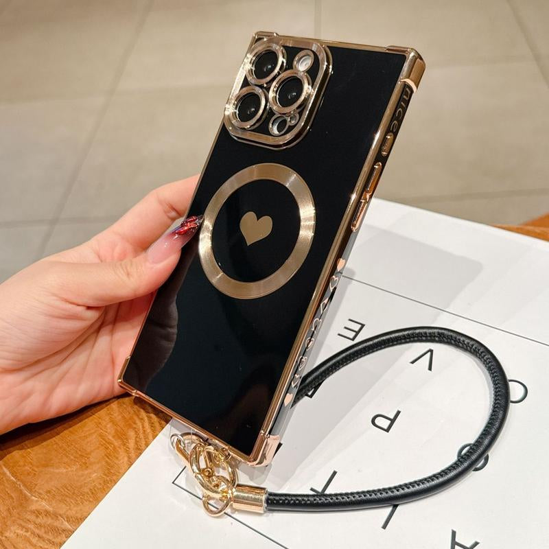 Right Angle Anti-Drop Magnetic Suction Solid Color Electroplated Side Heart + Hand Strap Compatible with Ip16 Pro Max 15 14 13 12 Phones Cases Protector Cover Protective