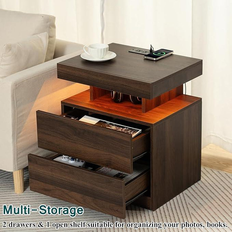 Black LED Nightstand with Charging Station 2 Outlets USB Port Type C, Bed Side Table with 2 Drawers & Wireless Charging Station, Smart LED Nightstand Modern High Gloss Night Table with Light
