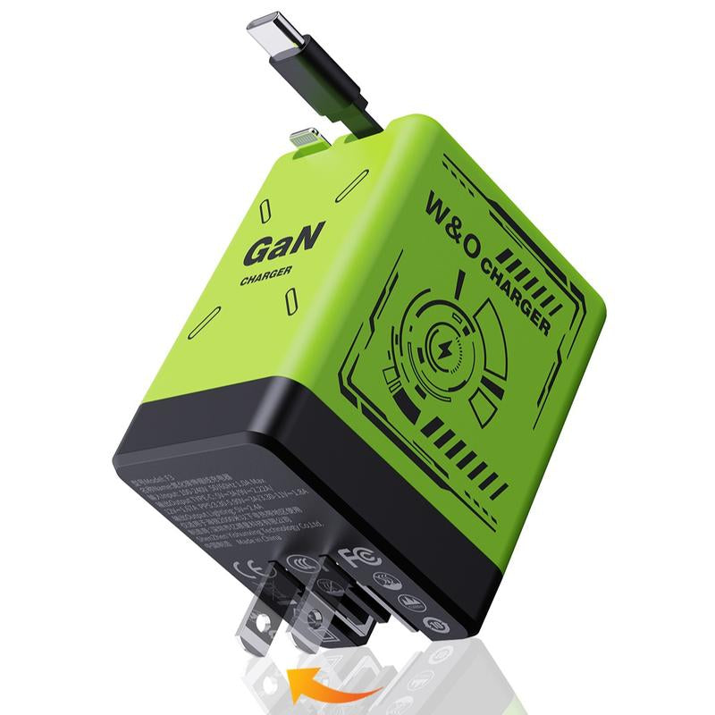 W&O 2-In-1 Gan 120W Fast Charger with Retractable Type-C and Ligtning Cable | Portable Adapter for Iphone 16, Ipad, Macbook, Multi-Device Fast Charging, Folding Charing