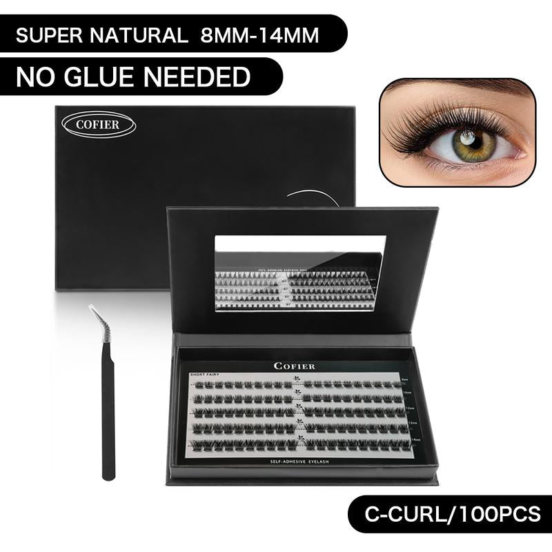 【Hot Style】Cofier No Glue Lash Kit Medical Jelly Adhesive Self Adhesive Individual Eyelashes, Easy Makeup Application with Tweezers (80/100/160 Pcs)