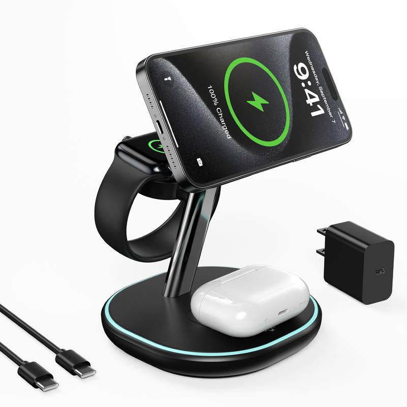 Energycell Qi2 3 in 1 Wireless Charging Station, Certified 15W Fast Wireless Charger for Iphone 16/15/15 Pro/14/13/12, Apple Watch, Airpods, Magnetic Charger for Iphone with Sleep Friendly Light