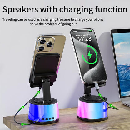 Wireless Induction Audio Bluetooth Speaker 5In1 Cellphone Holder USB Emergency Rechargeable (5000Mah) 360° Rotable Foldable Lift-Non-Slip Base, Portable Power Mobile Tablet Stand with Colorful Ambient Light Gifts for Friend, Family