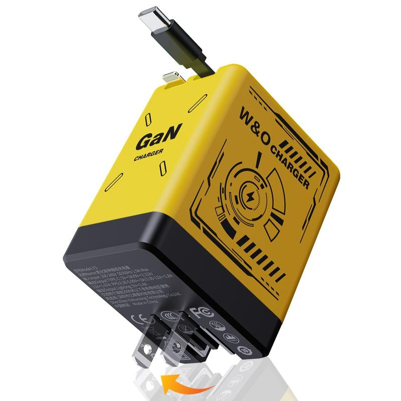 W&O 2-In-1 Gan 120W Fast Charger with Retractable Type-C and Ligtning Cable | Portable Adapter for Iphone 16, Ipad, Macbook, Multi-Device Fast Charging, Folding Charing