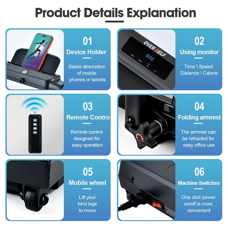 OVER SELF Inclined Folding Incline Treadmill, Walking Mat Treadmill with ,300 Lbs Portable Treadmill with Handle, Safety Lock, Quiet Design for Home and Office Treadmill with LED Display – Smart Fitness Machine Exercise Gym Equipment