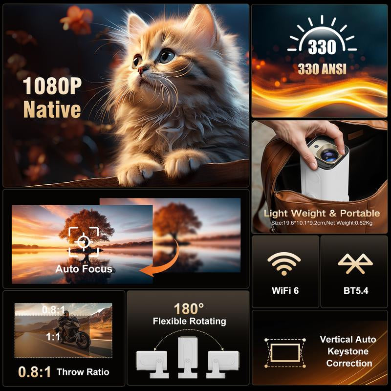 [US Warehouse] Magcubic 4K Smart HY310 Portable Projector Native 1080P Auto Focus 330ANSI Android 11 BT5.4 WIFI6 Airmouse Built-In Speaker Allwinner H713 180° Flexible Rotating 60Hz Reflash Home Cinema Mini Projector 130"Screen Audio