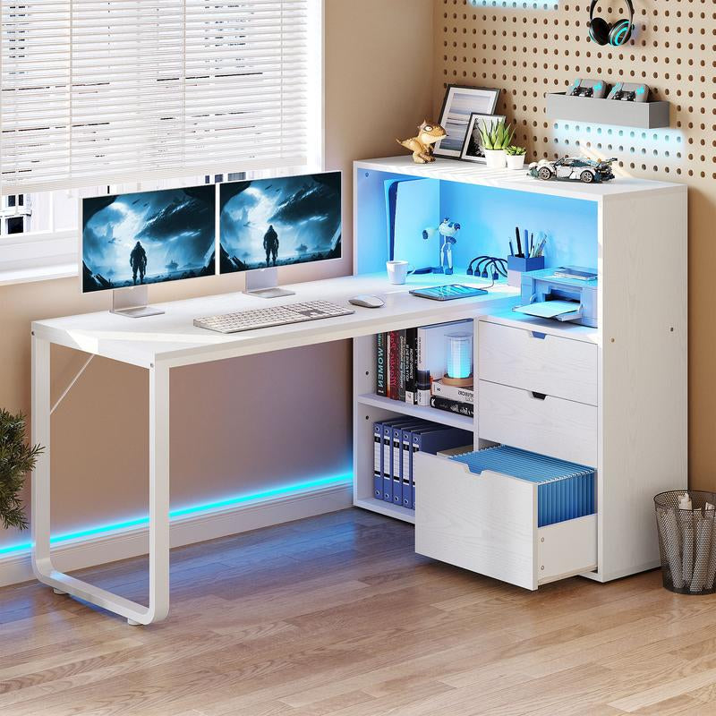 YITAHOME L Shaped Desk with Power Outlets & LED Lights & File Cabinet, 55" Corner Computer Desk with 3 Drawers & 3 Storage Shelves, Home Office Desk with Bookshelf