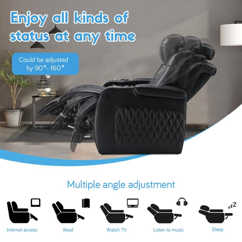 Weilianda Home Theater Seating Luxury Series Top Grain Nappa Leather Recliner Chair Dual Power Movie Gaming Sofa Electric Headrest with Tray Table Type-C USB Charge Cup Holders