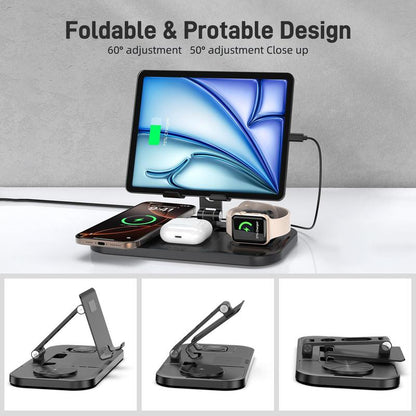4-In-1 Wireless Charging Station with Wired Ipad Charger | Foldable Multi-Device Charging Stand for Apple - Iphone 16/15/14 Pro Max/13/12/11, Apple Watch Series 8/7/6/5/4/3/2/SE, Airpods 3/2/Pro | Overcharge Protection & Space-Saving Design