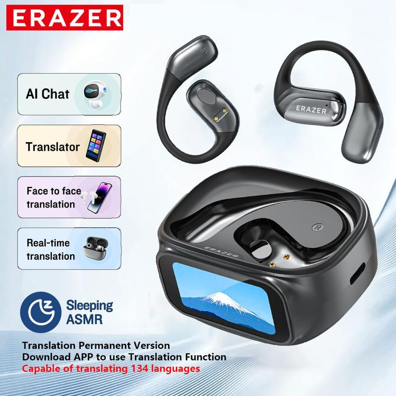 ERAZER Translation Earbuds Supports 134 Languages with Traslation APP Face-To-Face Translation Open Wireless Bluetooth Earbuds LED Touchscreen Earbuds HIFI Sound Quality Built-In Microphone Wireless Headphones Long Battery Earbuds Black Headset