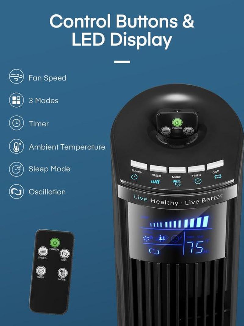 FOHERE Tower Fan for Indoors, 36" Oscillating Tower Cooling Fan with Remote Control, 12-Hour Timer and Sleep Mode,Standing Fan for Office, Portable Stand up Floor Bladeless Fan (Black)