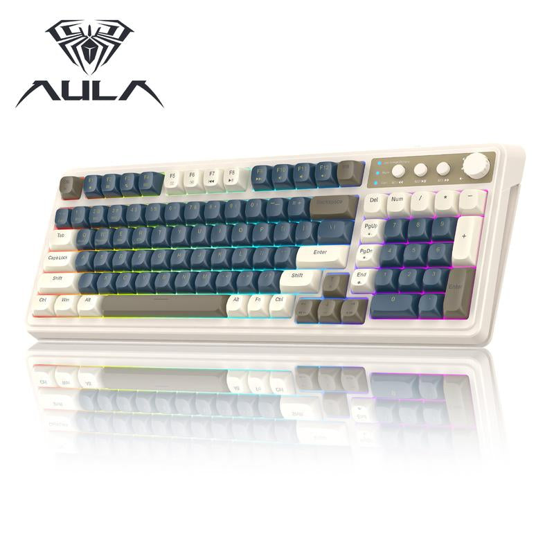 AULA S99 Key Keyboard, Tri-Mode Bluetooth/2.4Ghz/Usb-C Cute Creamy Gaming Keyboard with Number Pad RGB Backlit, Media Knob Custom Mechanical Feel Computer Keyboard for MAC Xbox PC Gamer - Purple