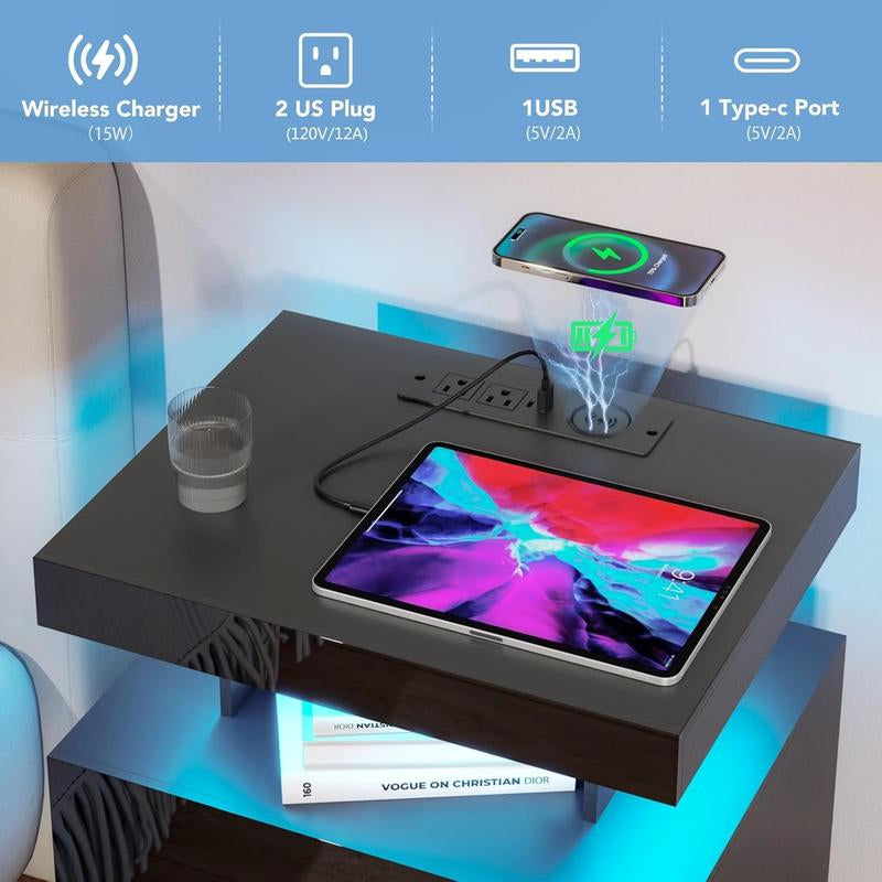 Black LED Nightstand with Charging Station 2 Outlets USB Port Type C, Bed Side Table with 2 Drawers & Wireless Charging Station, Smart LED Nightstand Modern High Gloss Night Table with Light