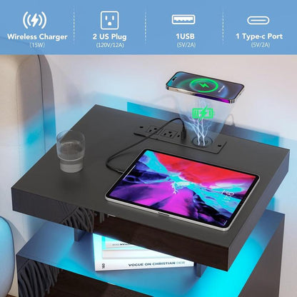 Black LED Nightstand with Charging Station 2 Outlets USB Port Type C, Bed Side Table with 2 Drawers & Wireless Charging Station, Smart LED Nightstand Modern High Gloss Night Table with Light