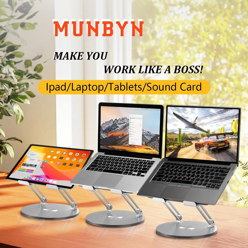 【MUNBYN 360° Rotating Laptop Stand】Adjustable Foldable Aluminum Laptop Stand, 2-In-1 Multifunctional Laptop Stand Hub for Gaming Laptop & Mobile Stand,Gray