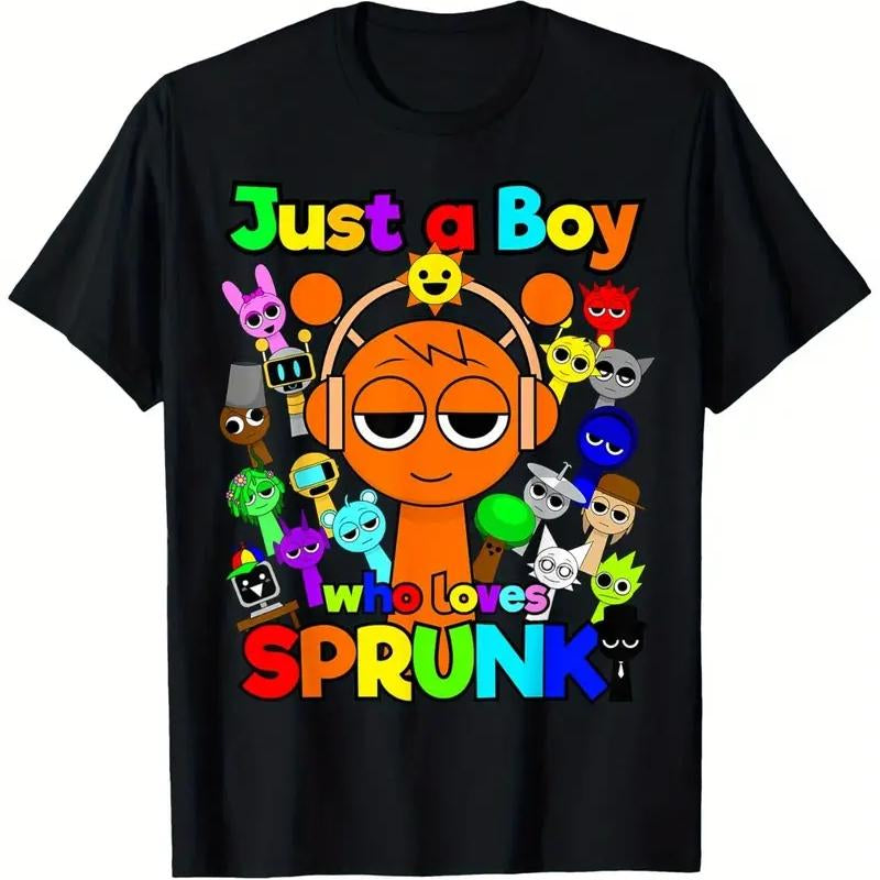 Sprunki Youngsters' Colorful Cartoon Character Cotton T-Shirt - Breathable, Quick-Drying, Short Sleeve Crew Neck,Kids' T-Shirt,Children'S Day Gift