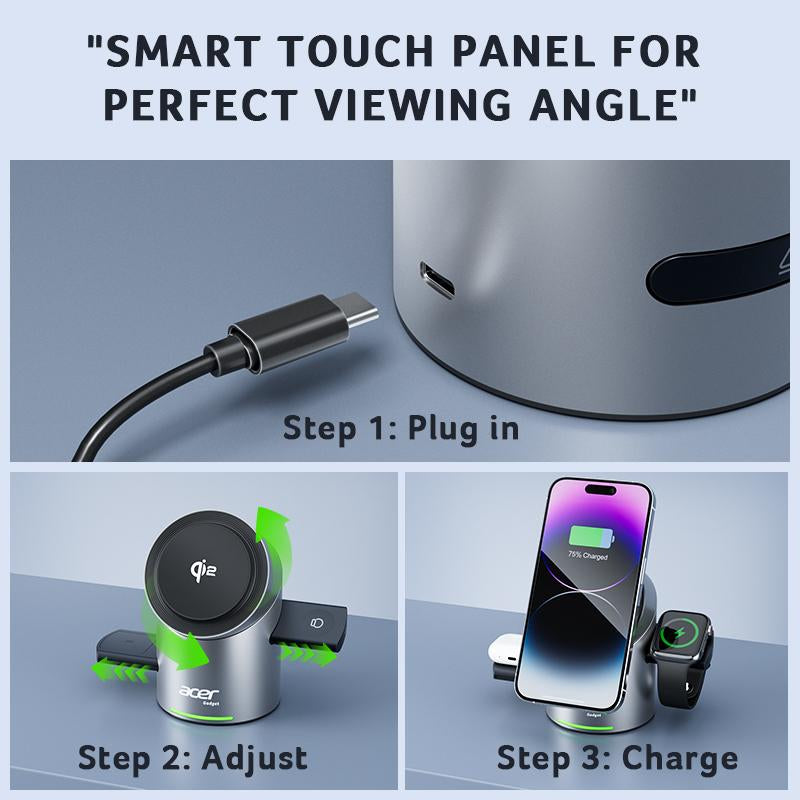 Acer 3 in 1 Charging Station for Apple, Qi2 15W Iphone Wireless Charging Station, Magsafe Charger Stand Iphone 16/15/14/13/12, Iwatch, Airpods ,Wireless Charger 33W Adapter, FCC Certified Futuristic Adjustable Electronic Magnetic Phone Charger from Future