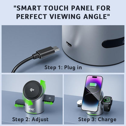 Acer 3 in 1 Charging Station for Apple, Qi2 15W Iphone Wireless Charging Station, Magsafe Charger Stand Iphone 16/15/14/13/12, Iwatch, Airpods ,Wireless Charger 33W Adapter, FCC Certified Futuristic Adjustable Electronic Magnetic Phone Charger from Future