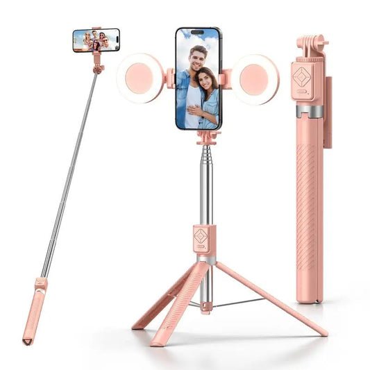Selfie Stick, New 6-In-1 Wireless Selfie Stick with Lights, Extendable Selfie Stick Tripod with Remote Control (Pink, Dual Lights)