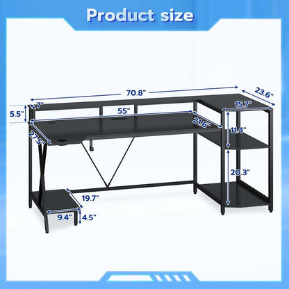 Sedeta Gaming Table 70.8 In. with LED Lights and Storage Shelf Computer Table with Monitor Stand, Power Outlet and Cup Holder Ergonomic Table