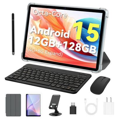 Android 15 10.1-Inch Tablet.128 GB ROM and 12GB RAM (1TB Expand).Unisoc A75 8 Core Cpu.1280X800 IPS .BT 5.0, Wifi . Face Unlocked.Widevine L1.Tablet with Keyboard.Stand.Case, Mouse, Stylus.Otg and Protector,April Restock Campaign,For Mother'S Day
