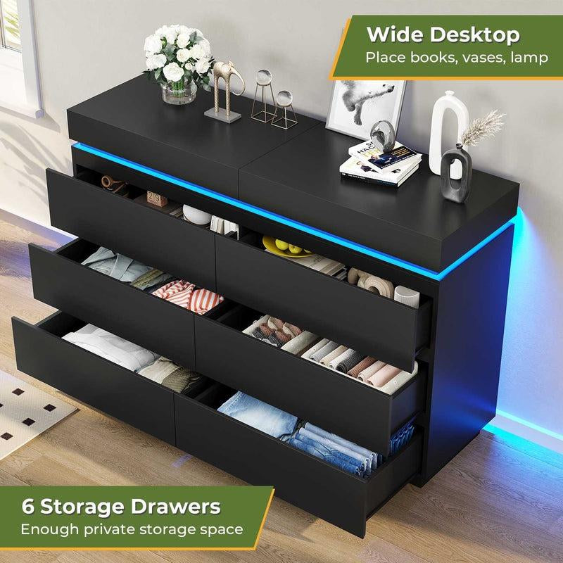 Sikaic LED Dresser for Bedroom with Charging Station and Sliding Desktop Drawers Large Storage Tower Clothes Organizer Furniture Modern Aesthetic Cabinet Home Cupboard