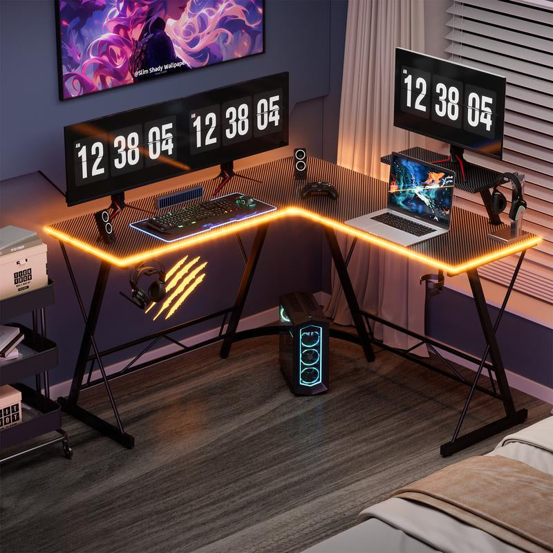 Mr IRONSTONE L Shaped Gaming Desk with Led Lights Corner Computer Desk,L Shaped Desk with Carbon Fiber Surface, Home Office Desks Writing Workstation with Large Monitor Stand, Easy to Assemble