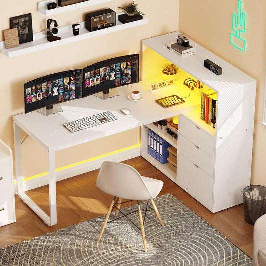 YITAHOME L Shaped Desk with Power Outlets & LED Lights & File Cabinet, 55" Corner Computer Desk with 3 Drawers & 3 Storage Shelves, Home Office Desk with Bookshelf