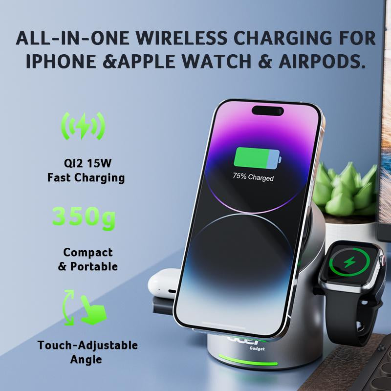 Acer 3 in 1 Charging Station for Apple, Qi2 15W Iphone Wireless Charging Station, Magsafe Charger Stand Iphone 16/15/14/13/12, Iwatch, Airpods ,Wireless Charger 33W Adapter, FCC Certified Futuristic Adjustable Electronic Magnetic Phone Charger from Future