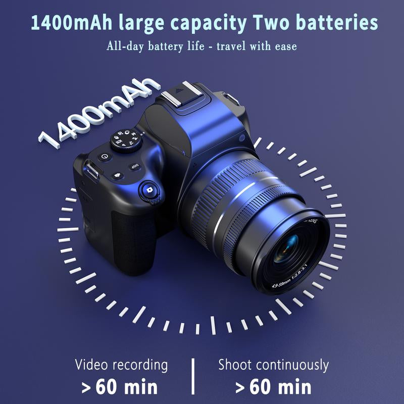 Black 4K Digital Camera with Flip Screen, 10X Optical Zoom, Dual Batteries, 64GB SD Card, Ideal for Vlogging and Travel Photography