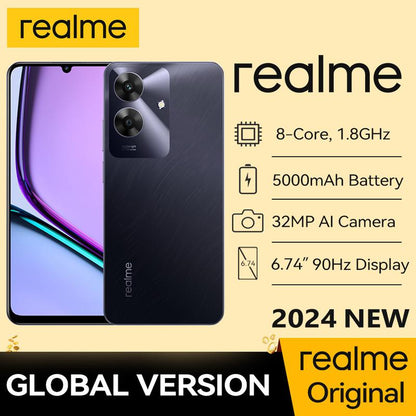 6GB+128GB Smartphone Realme Note 60, Brand New and Original Smartphone, T612, 8-Core CPU, 1.8Ghz Clock Speed, 4G Network, 6.745-Inch Punch-Hole Display, 1600×720 Resolution, 32MP + 5MP AI Camera, 5000Mah Battery, 10W Fast Charging.